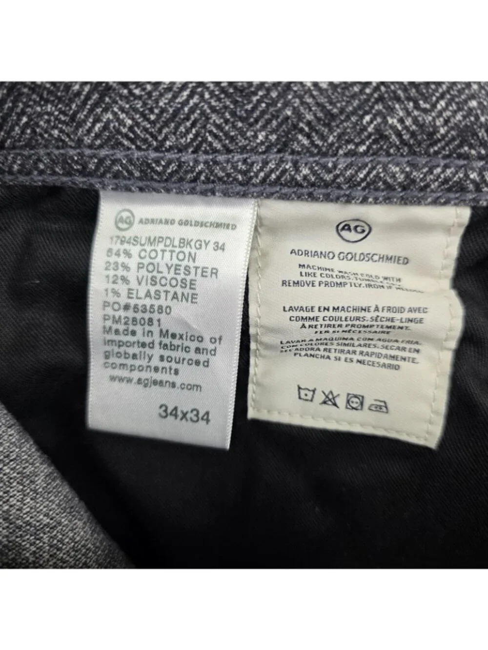 AG Adriano Goldschmied Everett Pants Mens 34x34 Gray Herringbone Slim Straight